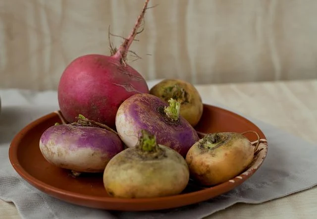 Čerstvé řepky na hrnčím talíři