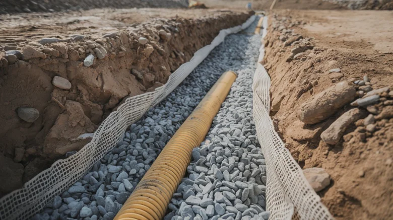 Žlutá drenážní trubka v štěrku s geotextiliem pro správnou instalaci.