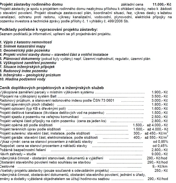 Ceník pro stavební povolení rodinného domu