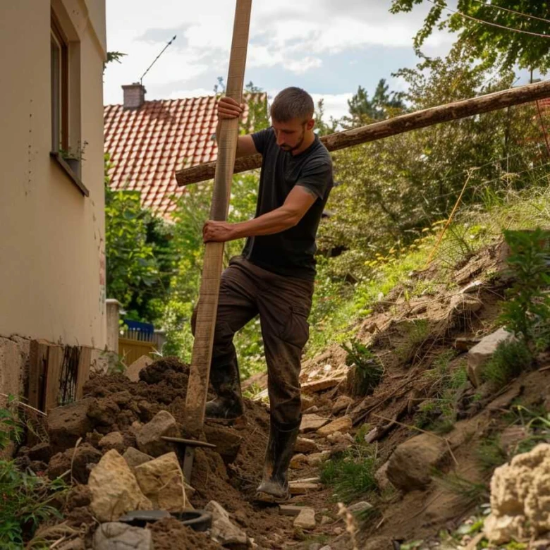 Muž upevňuje svah dřevěnými tyčemi.
