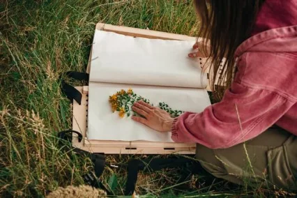 Dítě tlačí květiny do dřevěného herbáře na trávě
