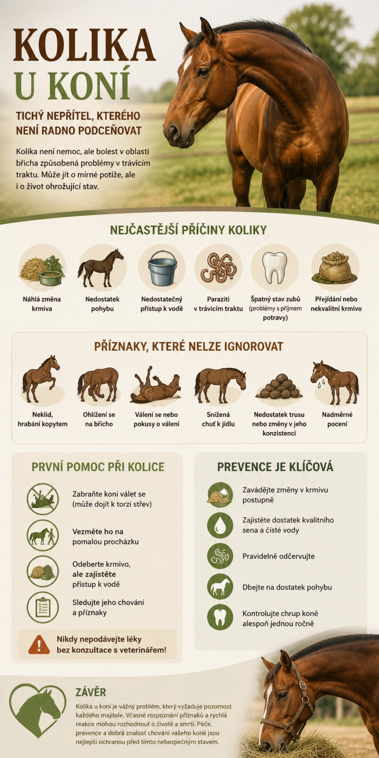 Infografika o kolice u koní: příznaky a léčba