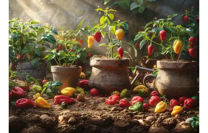 Červené a žluté chilli papričky rostoucí v hrncích na zemi.