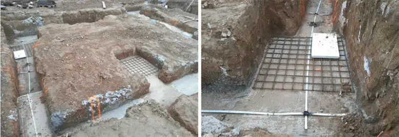 Instalace uzemnění s ocelovou mřížkou v jámě pro beton.