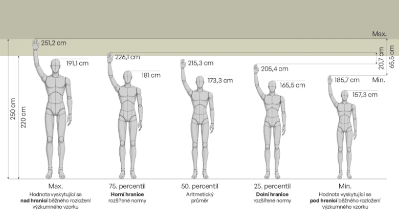 Diagram výšek mužů a maximálního dosahu ruky pro stanovení minimální výšky stropu.