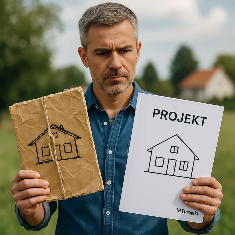 Muž drží dva návrhy domu – na hnědém papíře a na bílém dokumentu s nápisem Projekt
