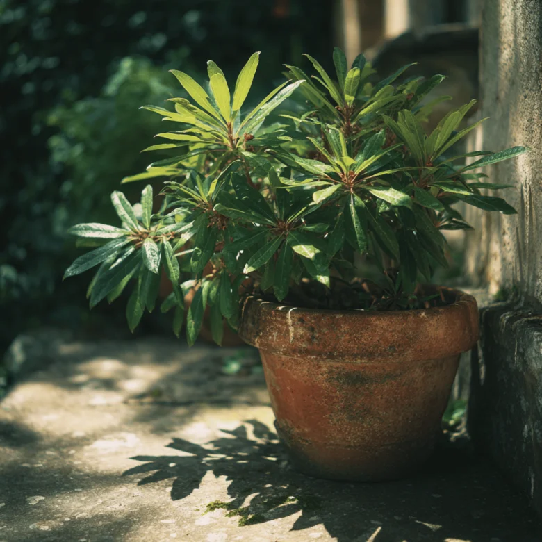 Pieris japonica v hrnci na zahradě