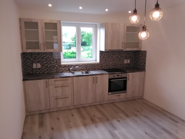 Moderní kuchyně po renovaci s novými dvířky a spotřebiči.