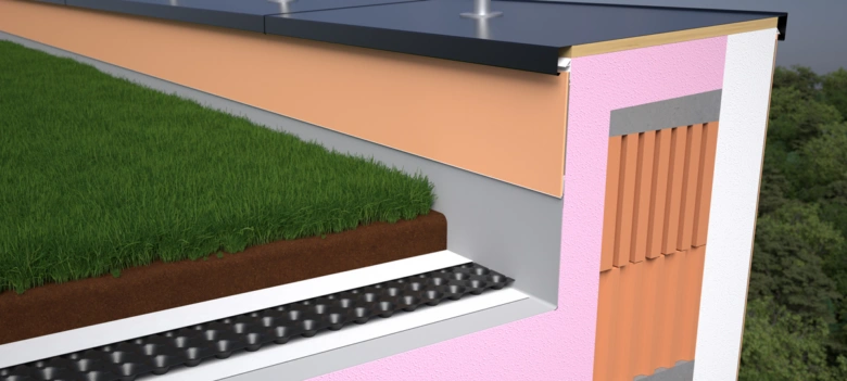 Průřez zelenou střechou s drenážní vrstvou a hydroizolační fólií