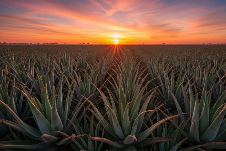 Ranní slunce nad polní plochou s rostlinami aloe.