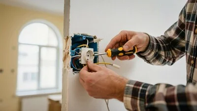 Montáž elektrické zásuvky v zdi během rekonstrukce elektroinstalace