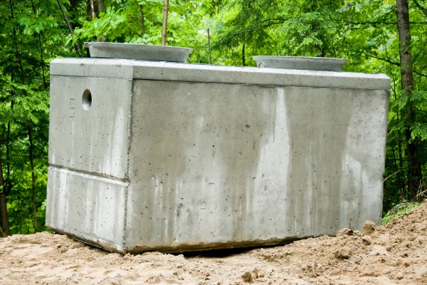 Konkrétní betonová septikova nádrž v přírodě mezi stromy.