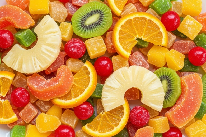 Kandované ovoce: ananas, pomeranč, kiwi a jahody v cukru.