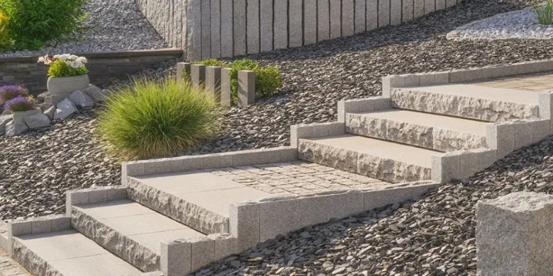Dokončené venkovní betonové schody s kamenným povrchem