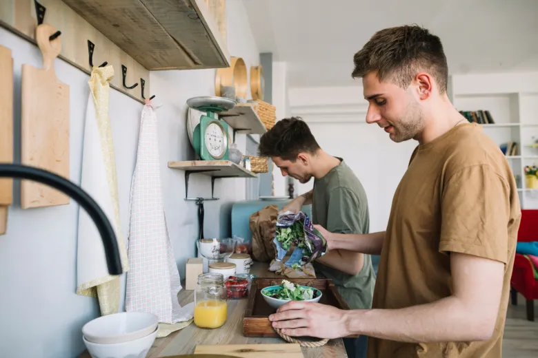 Muži vaří v moderní kuchyni bez horních skříněk