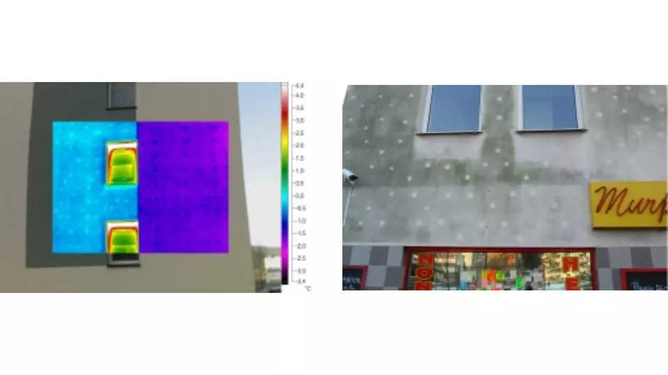 Termokamera ukazuje tepelné ztráty na fasádě kvůli špatnému kotvení.