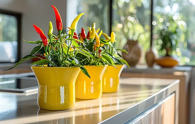 Tři žluté květináče s rostlinami chilli papriček na kuchyňské desce.