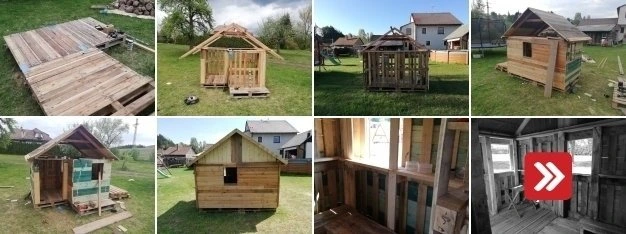 Postup stavby domečku z palet na trávníku