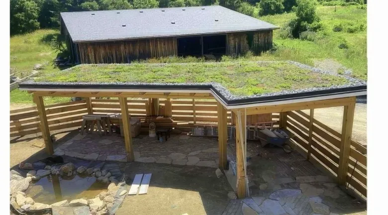 Zelená střecha s trávníkem na dřevěné konstrukci venku