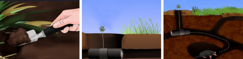 Ilustrace jak se zbavit krtka pomocí nástrojů.