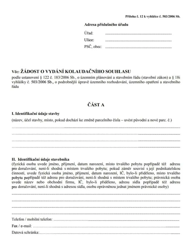 Český formulář žádosti o stavební povolení.