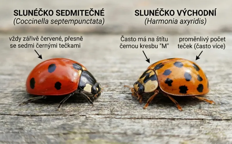 Porovnání sluněčka sedmitečného a východního s popisky
