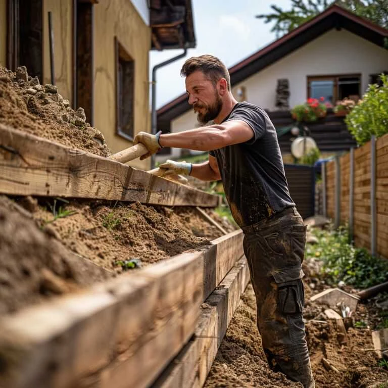 Muž zpevňuje svah dřevěnými nosníky.