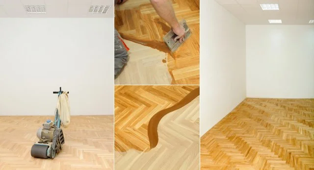 Kolaž ukazuje kroky renovace parket svépomocí.