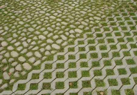 Zatravňovací dlažba s trávou mezi kamennými prvky