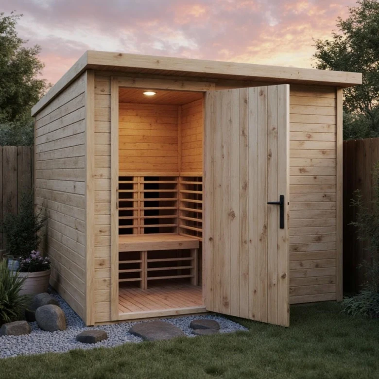 Dřevěná venkovní sauna s otevřenými dveřmi v zahradě