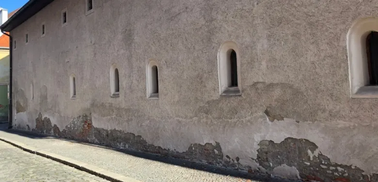 Stará zeď domu s vlhkostí a odlupujícím se omítkou