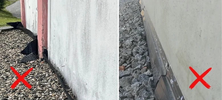 Srovnání správné a nesprávné instalace paropropustné fólie u základové stěny.