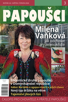 Žena s papoušky na obálce časopisu o chovu ptáků.