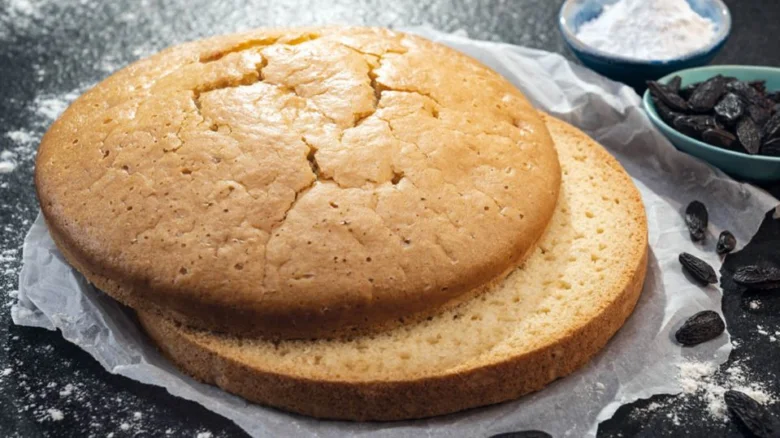 Vegan dort s vrstvami, rozinek a moukou na tmavém povrchu.