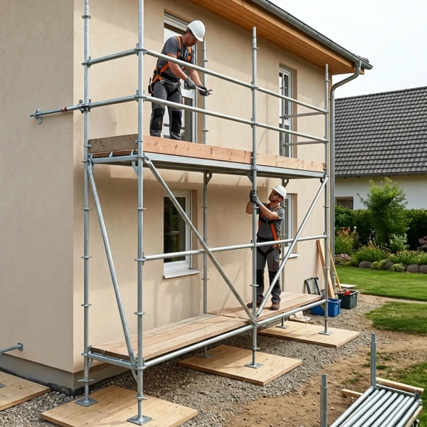 Dělníci na lešení při opravách domu, bezpečnostní vybavení
