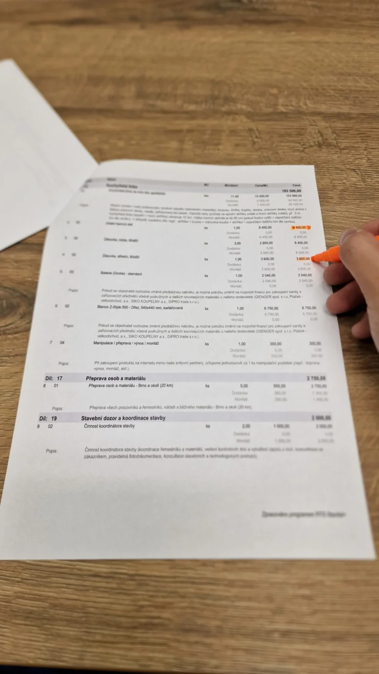 Detailní cenová kalkulace rekonstrukce bytu v korunách.