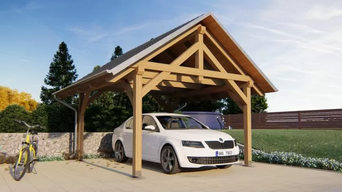 Dřevěný přístřešek pro auto s autem pod ním.