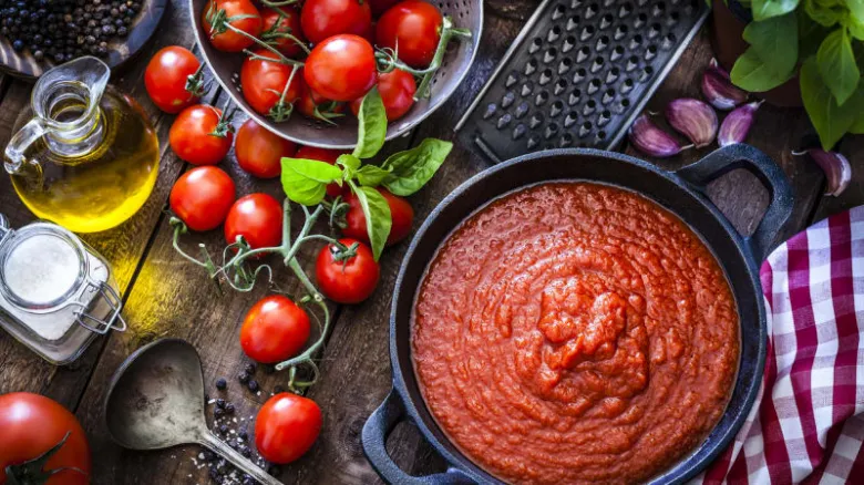 Čerstvá rajčatová omáčka v pánvi s ingrediencemi.