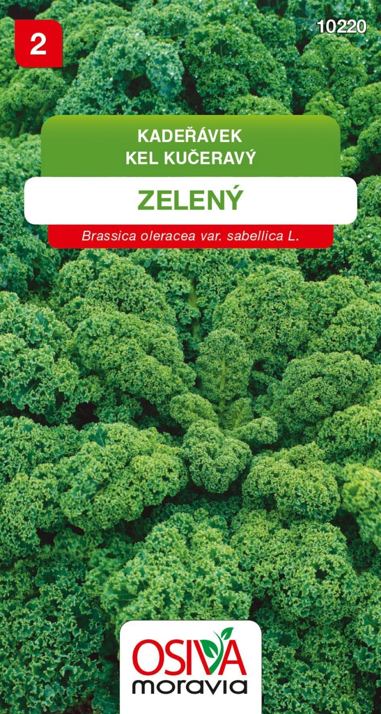 Fotografie zeleného kadeřávku s českým nápisem a logem osiv.