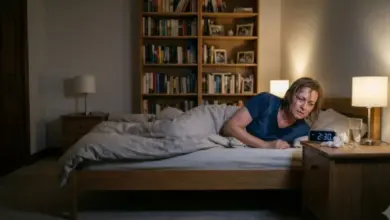 Žena leží v posteli uprostřed noci s příznaky menopauzy.