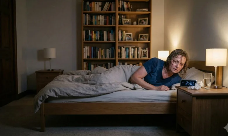 Žena leží v posteli uprostřed noci s příznaky menopauzy.