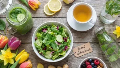 Čerstvá zelenina, salát, čaj a ovocná voda pro jarní detoxikaci.