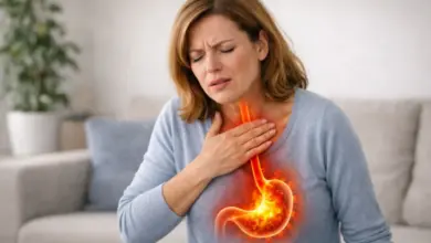 Žena s grafickým znázorněním hořícího žaludku kvůli pálení žáhy.