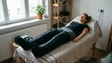 Žena leží na masážním stole s kompresními manžety pro lymfodrenáž.