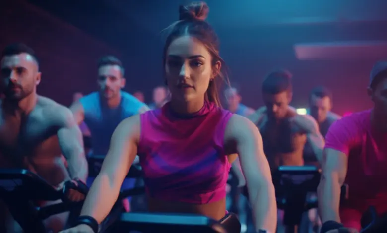 Žena vede spinning trénink s ostatními účastníky v posilovně.