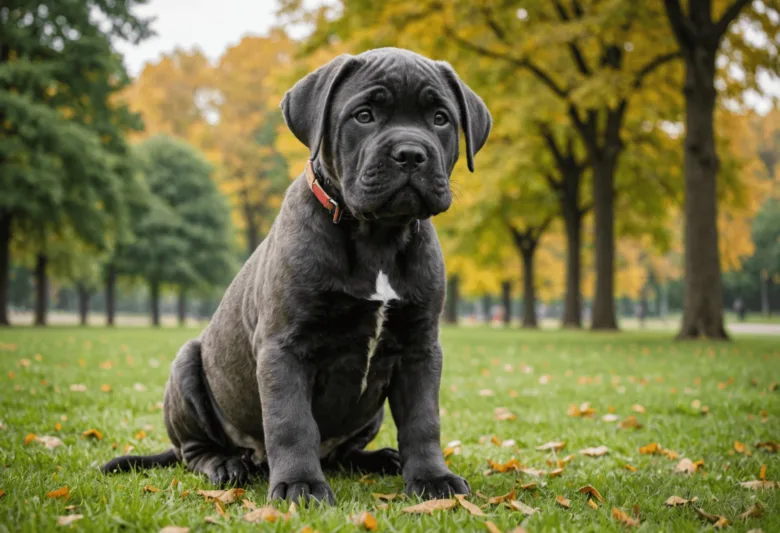 Černý štěně cane corso sedí na trávě v parku.