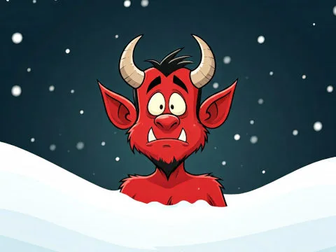 Červený démon v sněhu na pozadí hvězdné oblohy.