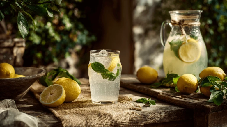 Sklenička limonády s mátou a citrony na venkovském stole.