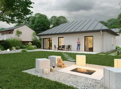 Moderní dům s venkovním krbem a zahradou pro feng-šuej