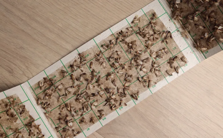 Lepidoptery na lepící pásku s mrtvými potravinovými molami.